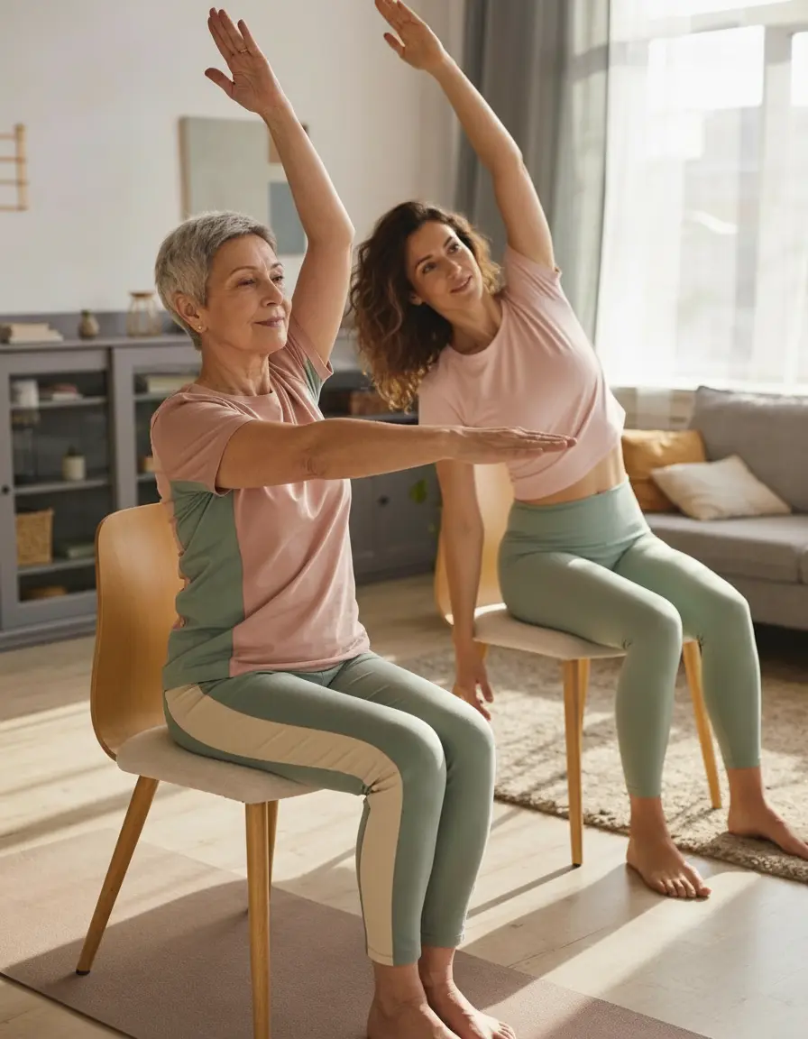 Mujer practicando yoga en silla